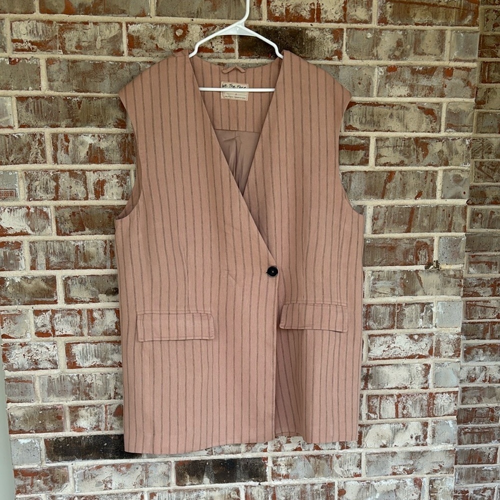 We The Free Pink Striped Oversized Boxy Single Button Linen Vest - Picture 2 of 12